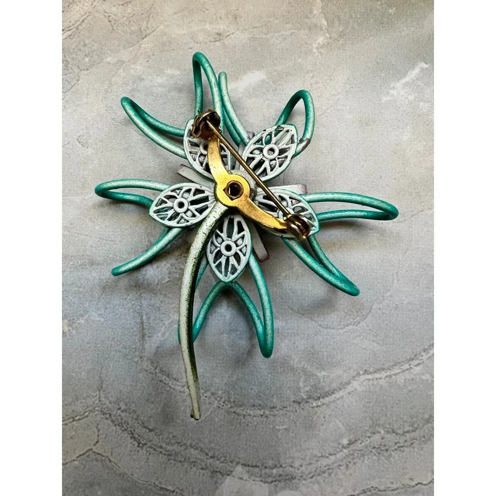Vintage Enamel Flower Brooch Teal Purple Spring Summer